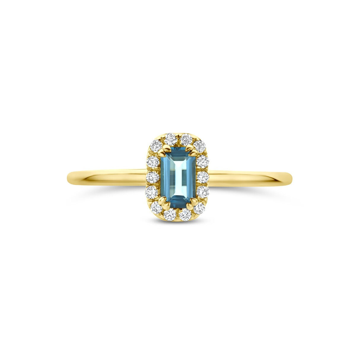 Anello entourage in oro giallo 14k con topazio London blue e diamante lab grown