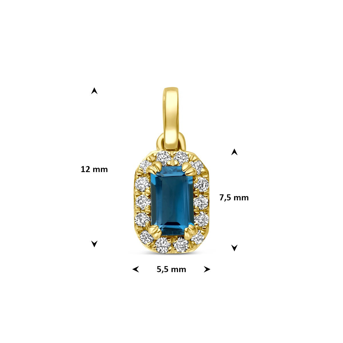 Ciondolo in oro giallo 14k con topazio London blue e diamante lab grown