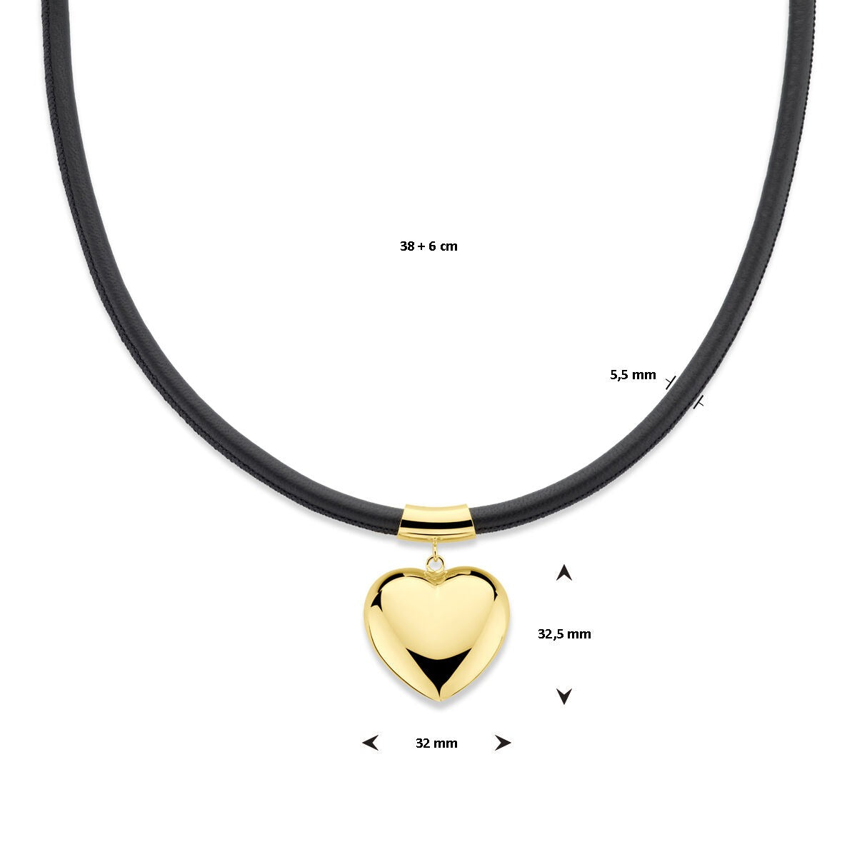 Collana in argento placcato oro con cuore e laccio nero