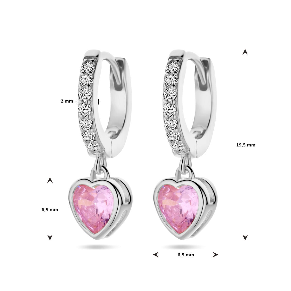 Orecchini in argento rodiato con zircone rosa a forma di cuore