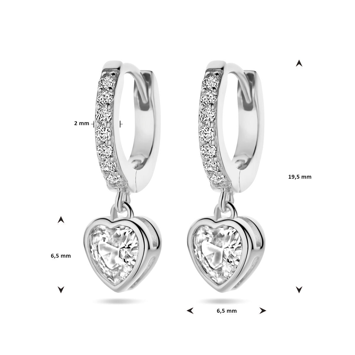 Orecchini a cerchio in argento rodiato con zircone a forma di cuore