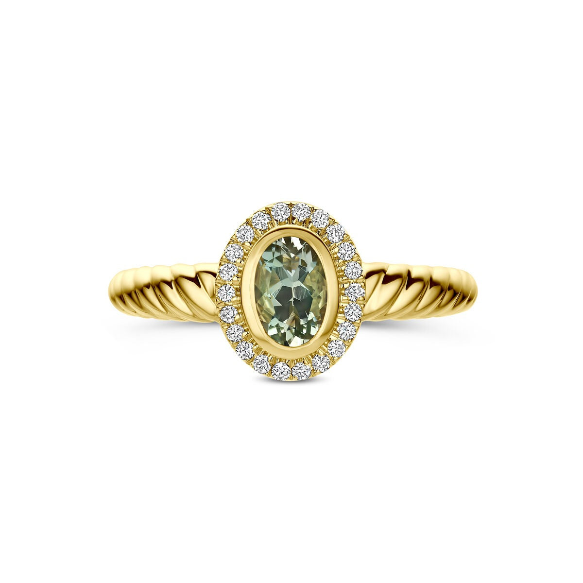 Anello in 14k oro giallo con ametista verde e diamante coltivato in laboratorio