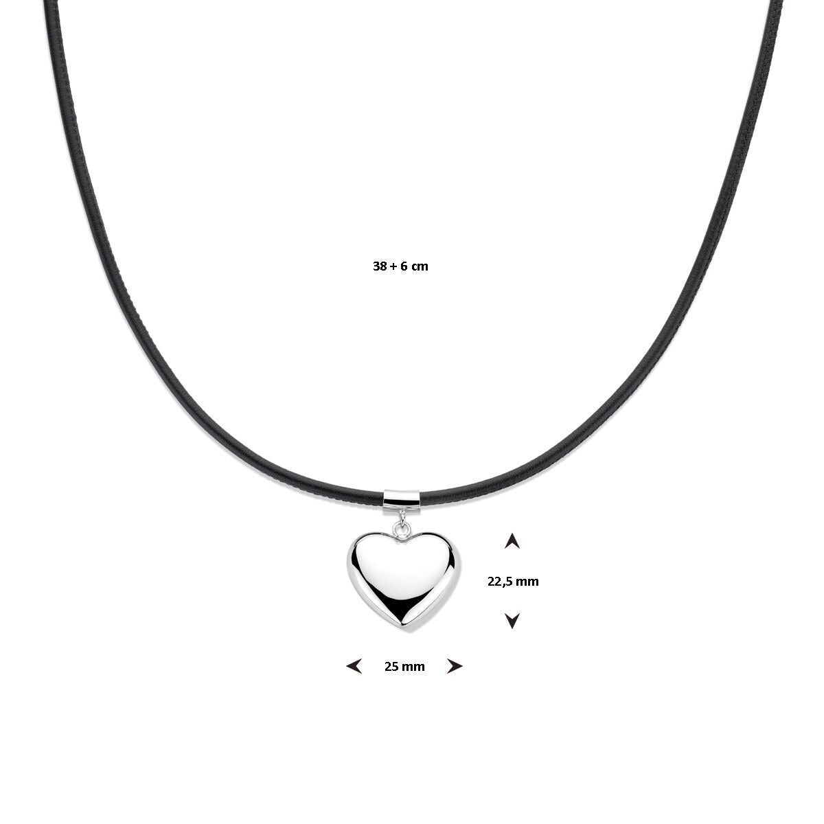 Collana in argento rodiato con cuore e cordino nero
