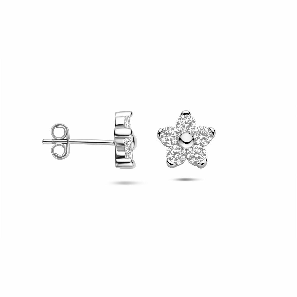 Orecchini a bottone in argento fiore con zirconia – argento 925 rodiato