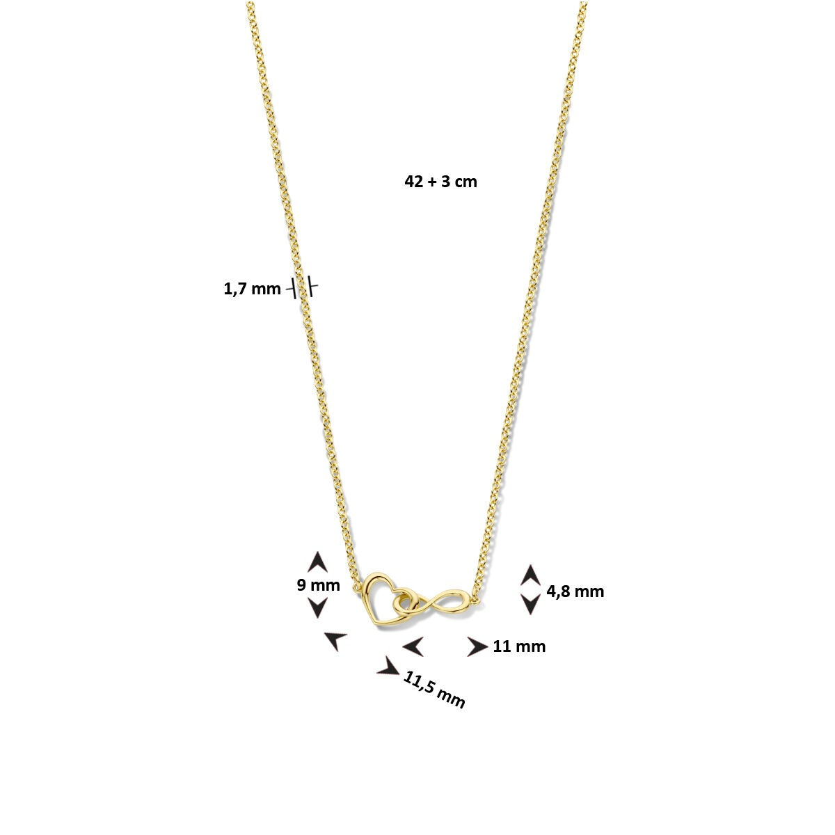 Collana in argento 925 placcato oro giallo con cuore e infinito