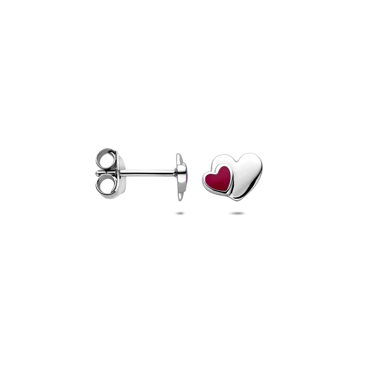 Orecchini a bottone per bambini in argento con cuoricino in smalto rosa