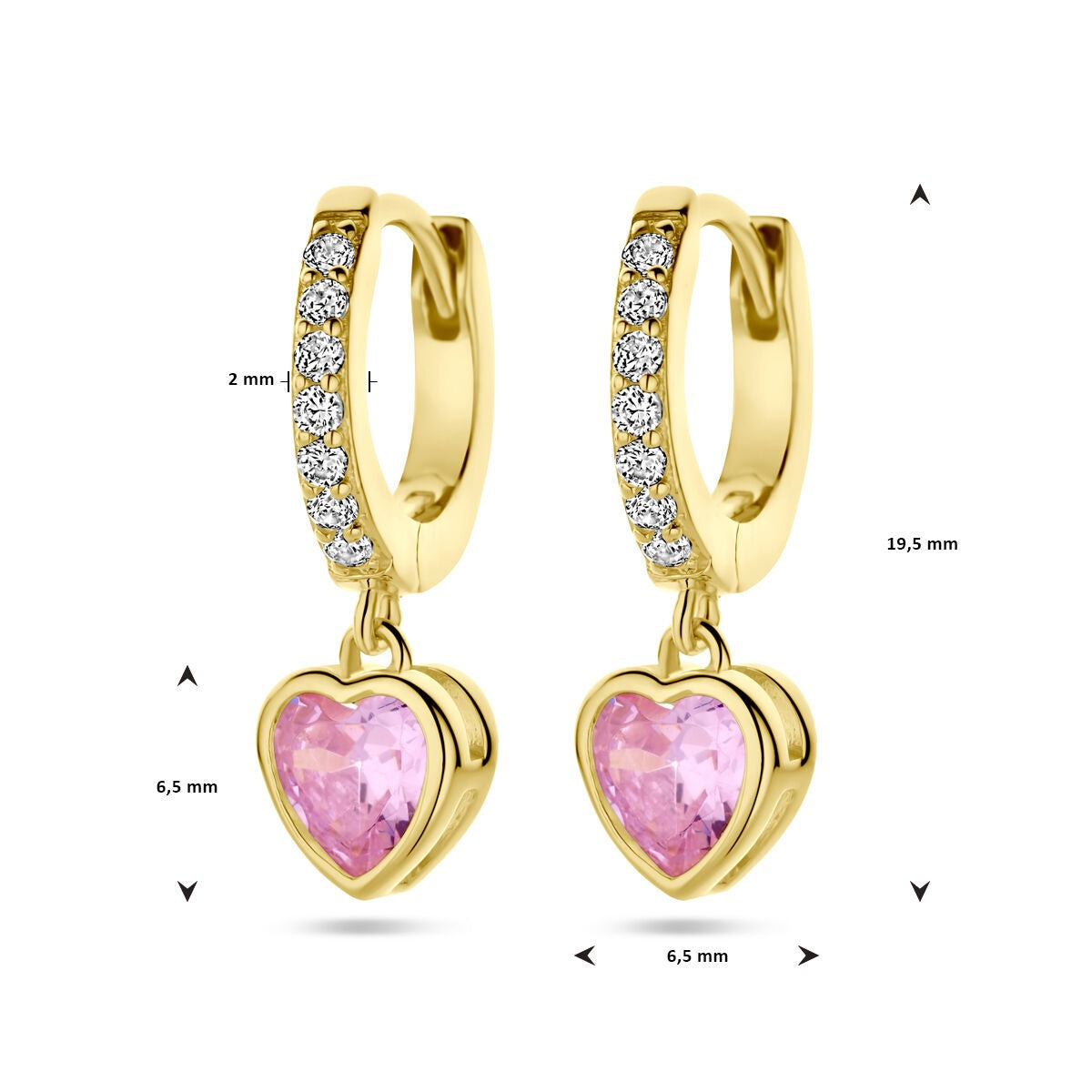 Orecchini in argento dorato con zircone rosa a cuore e accenti bianchi