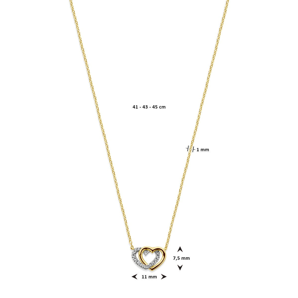 Collana in oro giallo 14k con cuori e diamanti