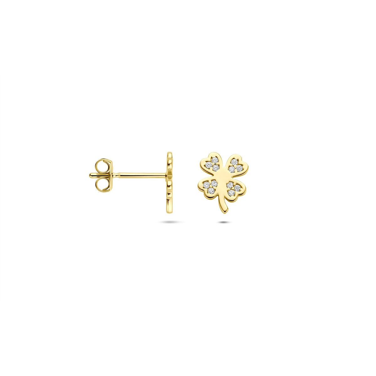 Orecchini a bottone a quadrifoglio in oro giallo 14k con zirconi – 7,5 x 6 mm