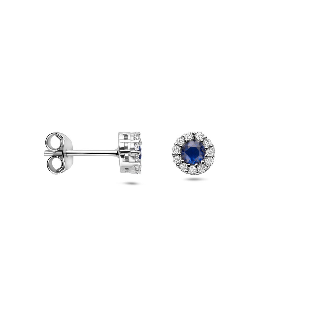 Orecchini a bottone in argento rodiato con zaffiro e zirconia