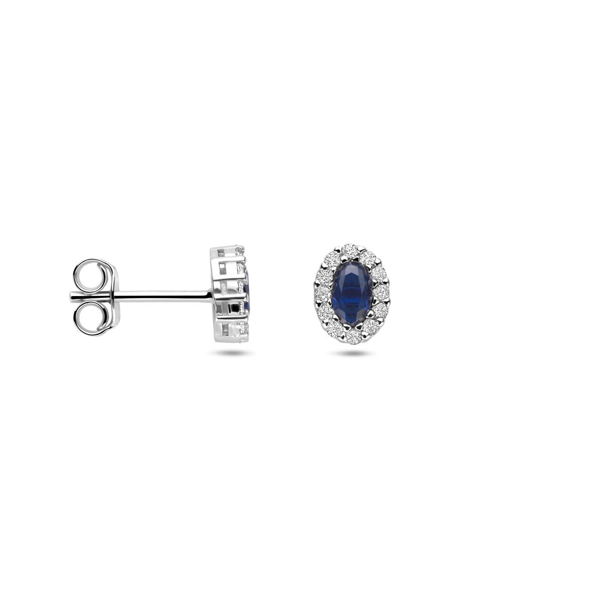 Orecchini a bottone in argento rodiato con zaffiro e zircone