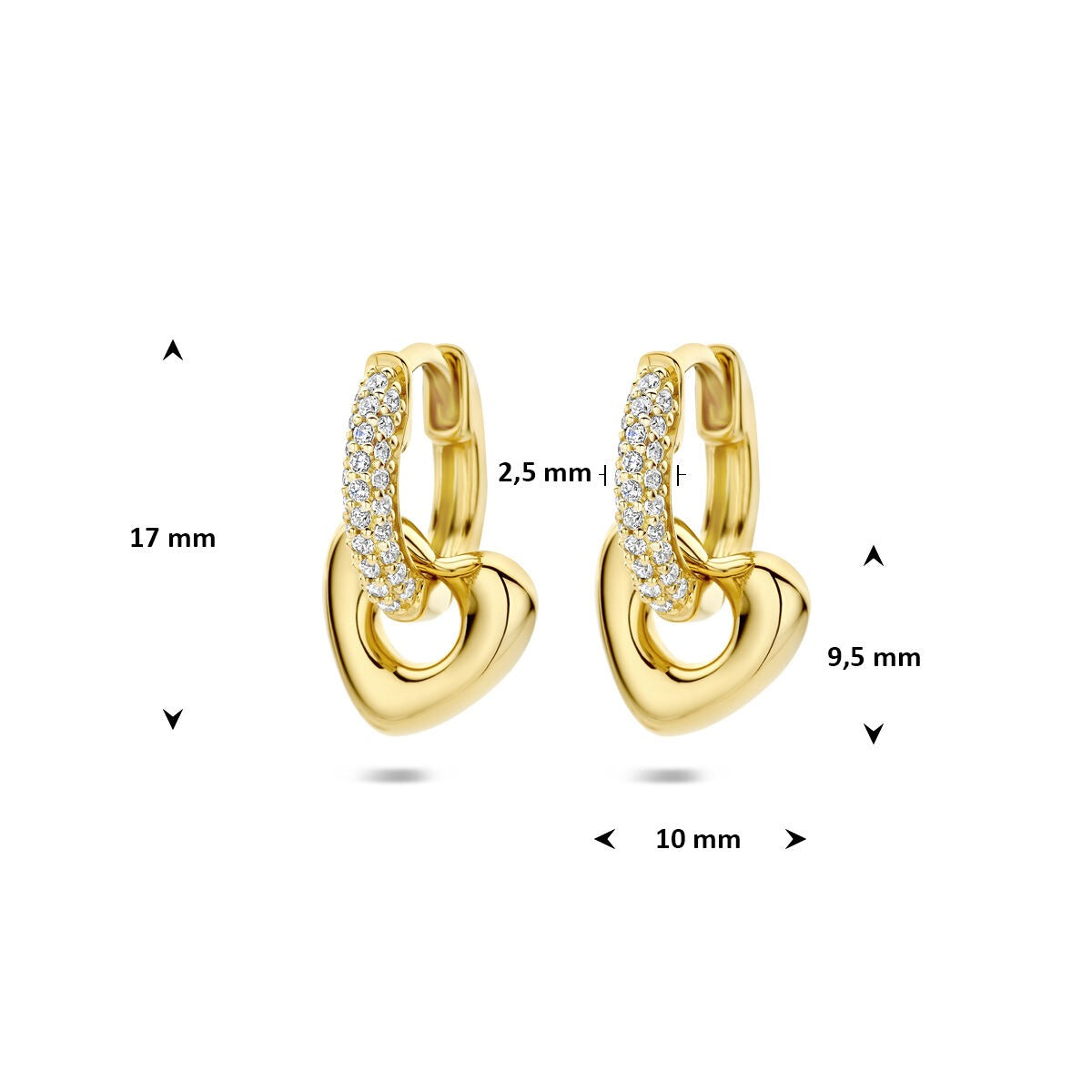 Orecchini a cerchio in argento placcato oro con cuoricino e zirconia