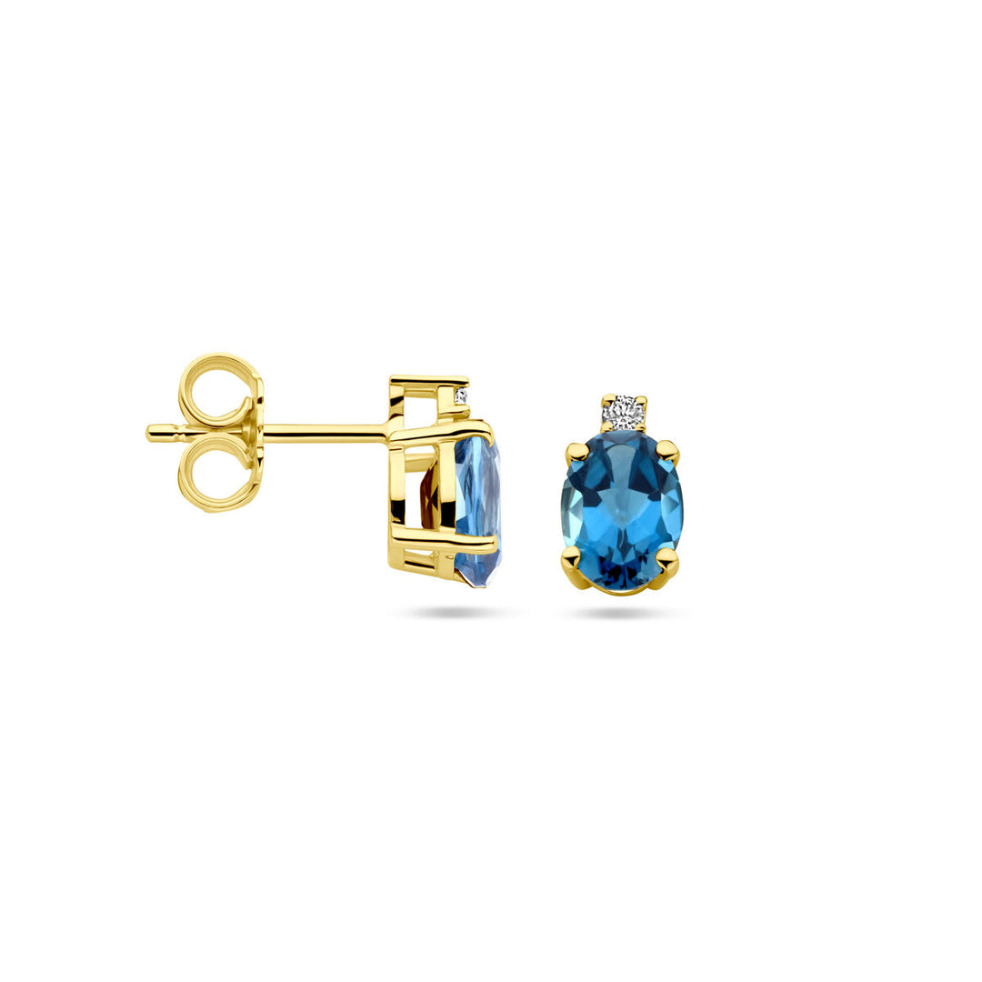 14k Geelgouden oorknoppen met London Blue topaas en diamant