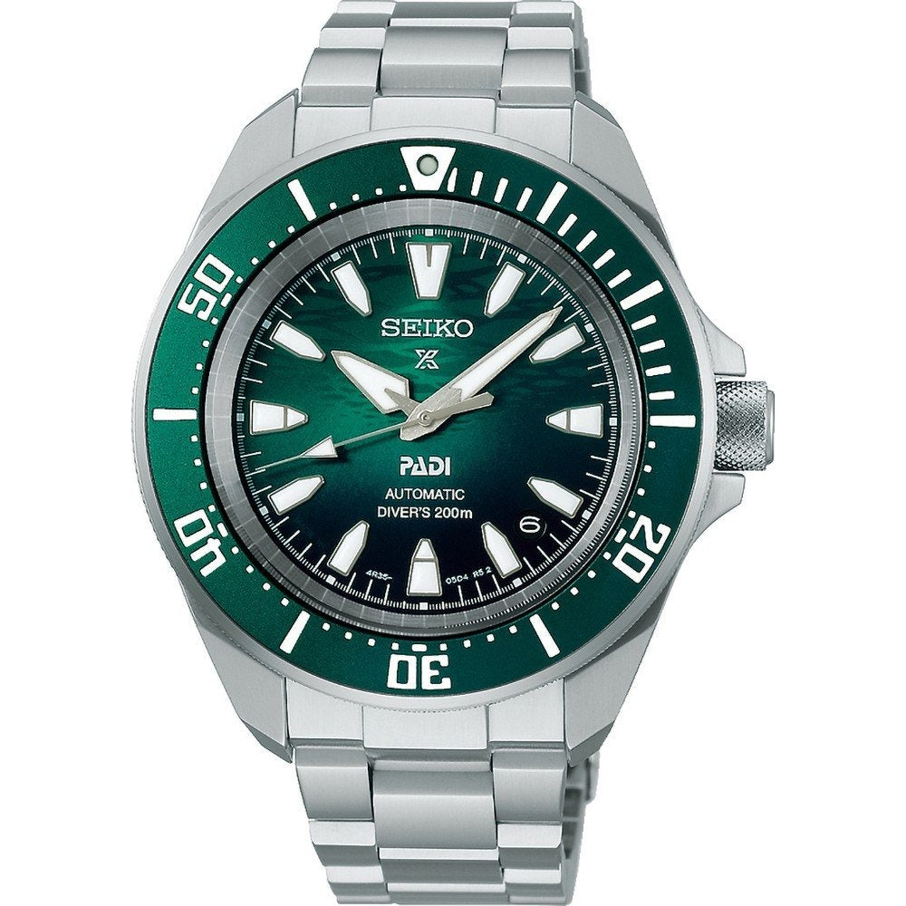 Orologio da uomo Seiko con cassa argentata, quadrante verde e bracciale in acciaio inox.