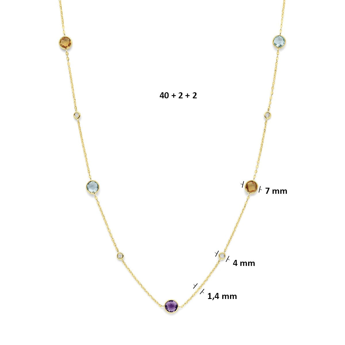 Collana in oro giallo 14k con citrino, ametista, topazio e diamante 0,25 ct