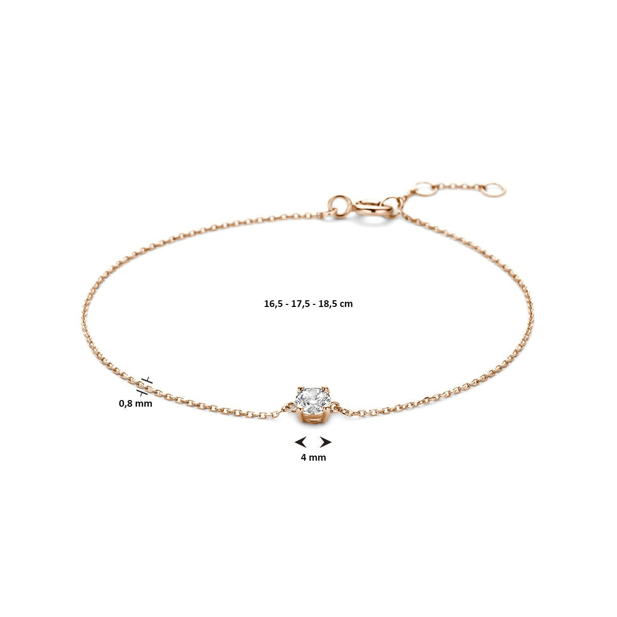 Bracciale da donna in oro rosa 14k con zirconia – maglia ad ancora 16,5–18,5 cm