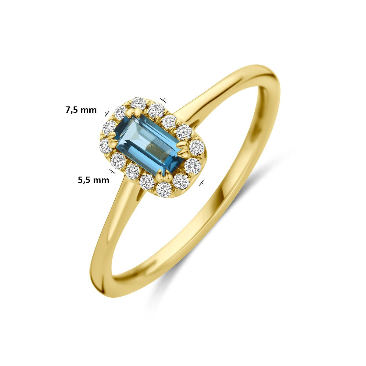 Anello entourage in oro giallo 14k con topazio London blue e diamante lab grown