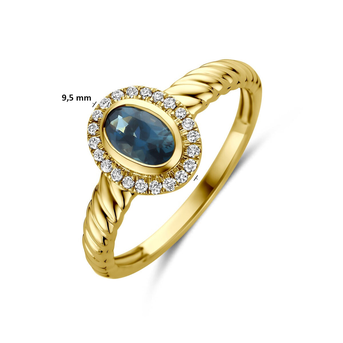 Anello in oro giallo 14k con topazio London blue e diamante lab grown