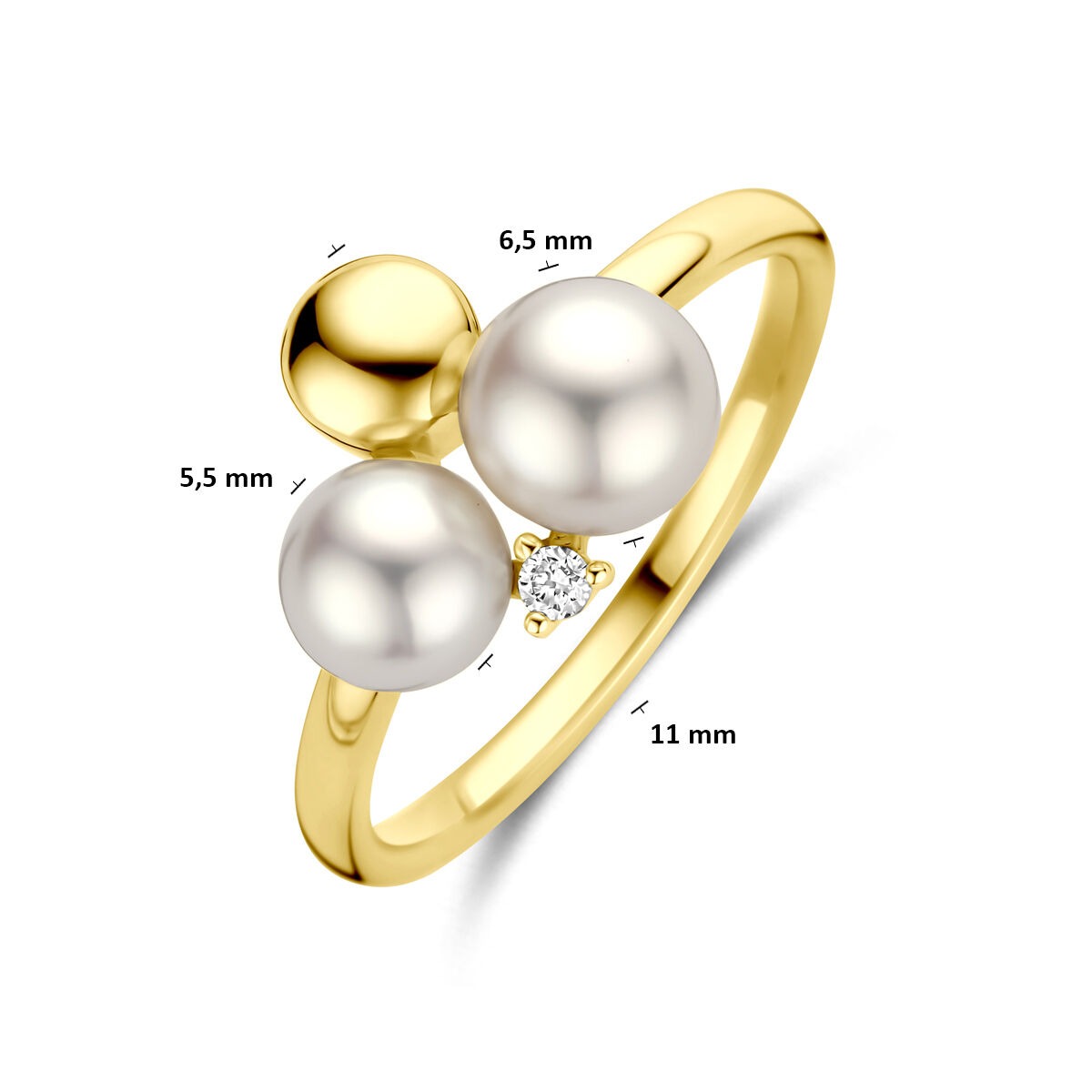 Anello da donna in oro giallo 14k con perla e diamante – largo 11 mm
