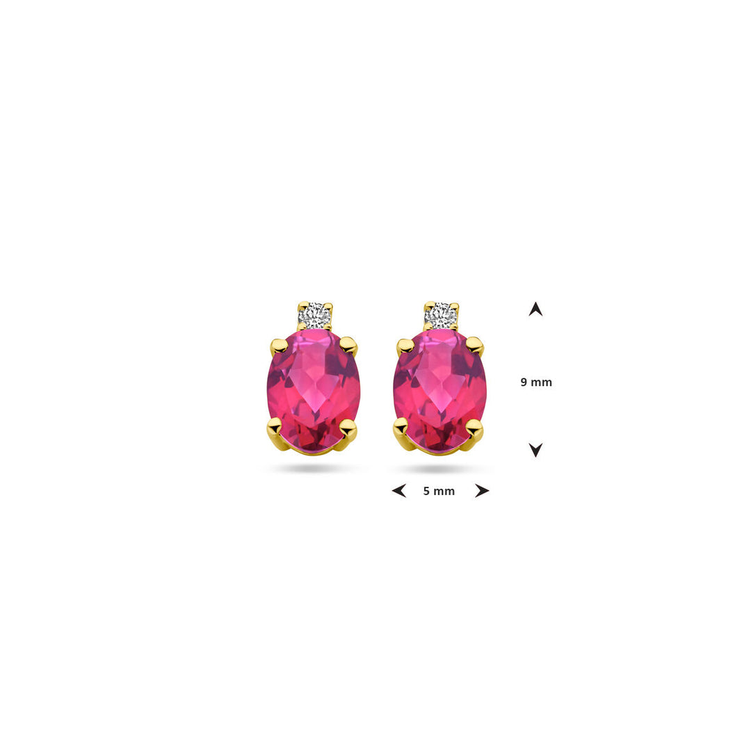 14k Geelgouden oorknoppen met roze topaas en diamant