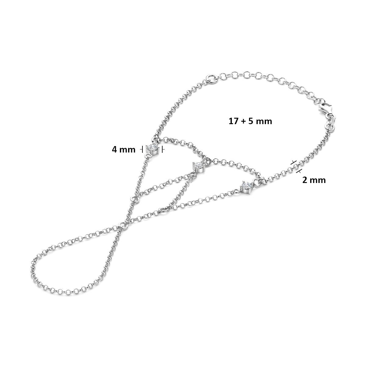 Gioiello per la mano in argento rodiato con zirconia
