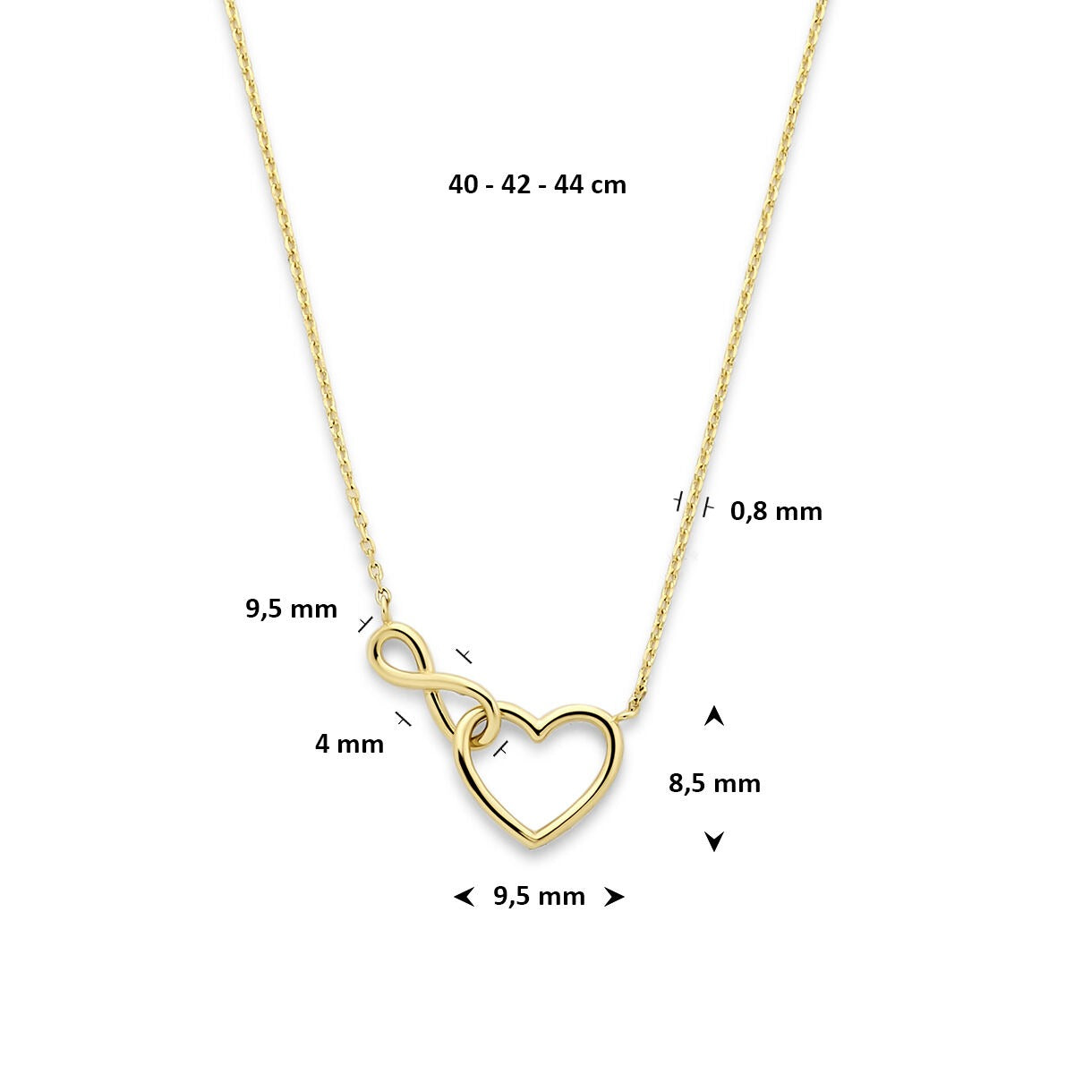Collana in oro giallo 14k con cuore e infinito