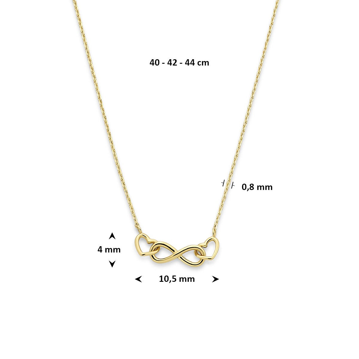 Collana in oro giallo 14k con infinito e cuoricini