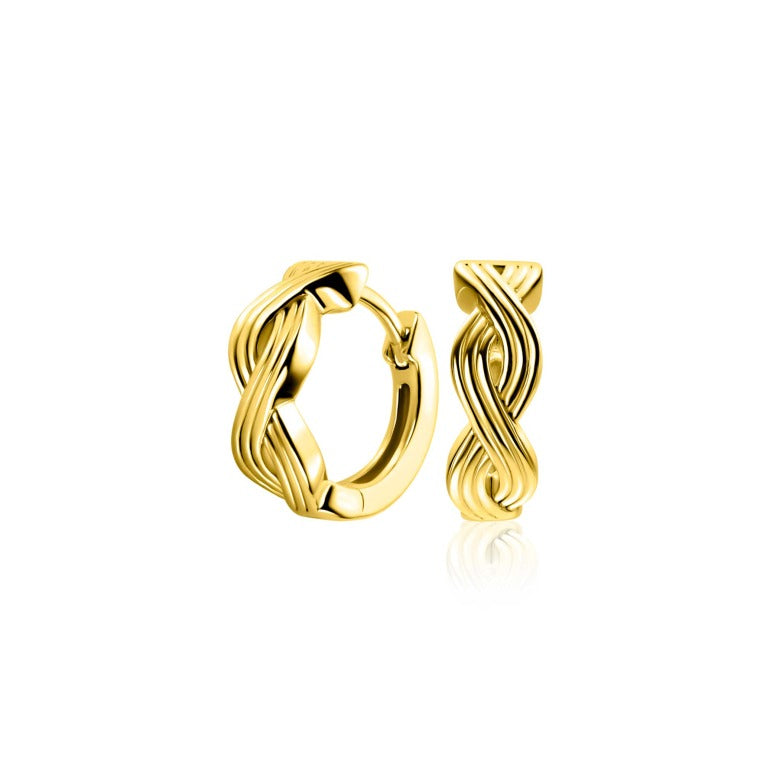 Orecchini in argento dorato con design intrecciato e chiusura a cerchio.