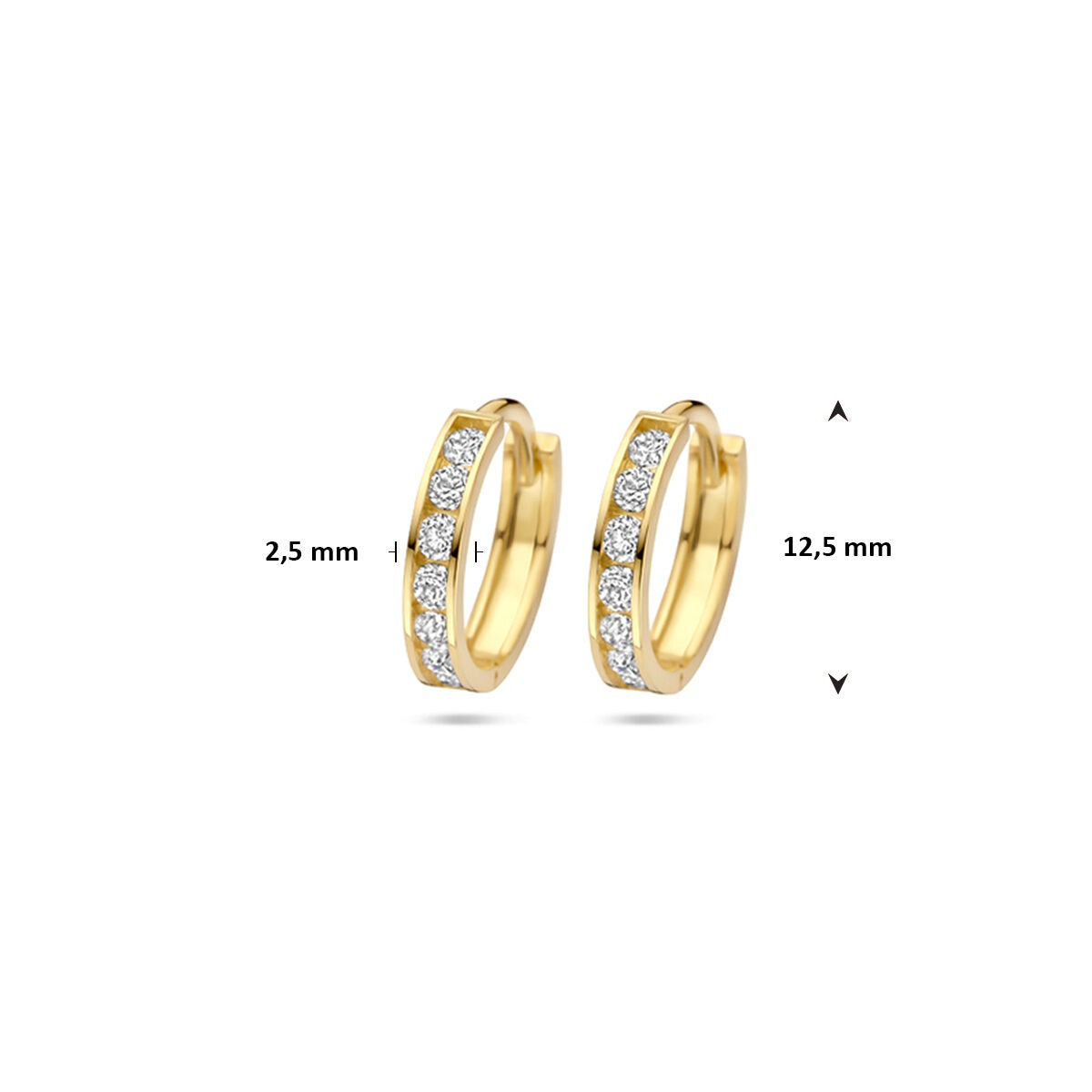 Orecchini a cerchio con chiusura a scatto in oro giallo 14k con fila di zirconi
