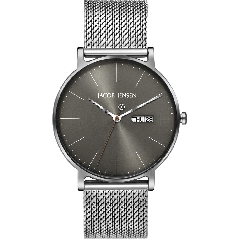 Orologio con cassa argentata, quadrante grigio, cinturino in maglia rolò e datario.
