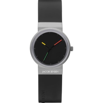 Orologio con cassa argentata, quadrante nero e cinturino in silicone nero, dettagli colorati.