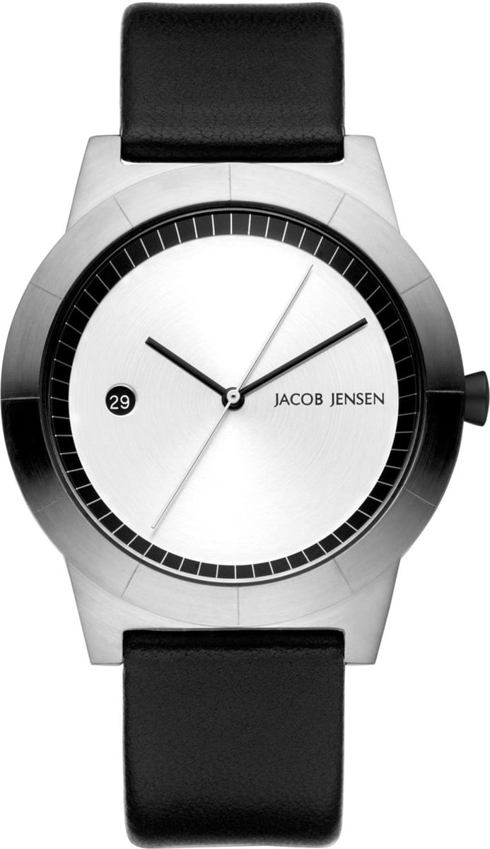 Orologio con cassa in acciaio inox, quadrante bianco, cinturino in pelle nera.