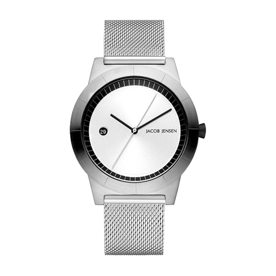 Orologio con cassa argentata, quadrante bianco e cinturino in maglia rolò.