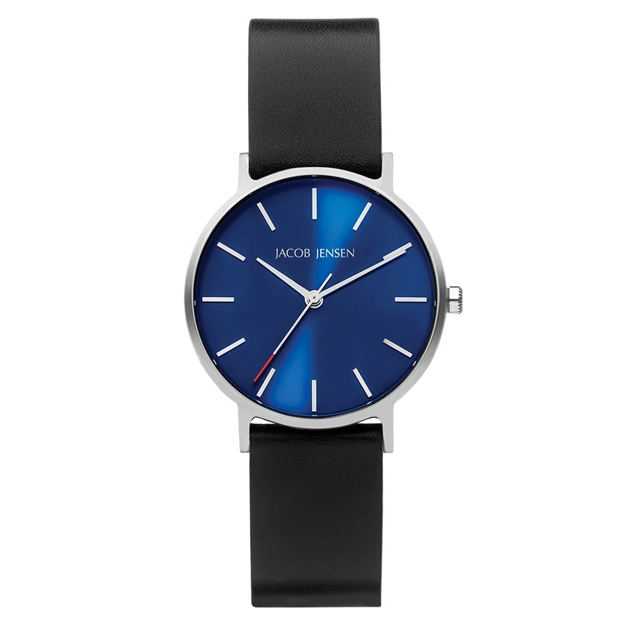 Orologio con quadrante blu, cassa in acciaio inox e cinturino in pelle nera.