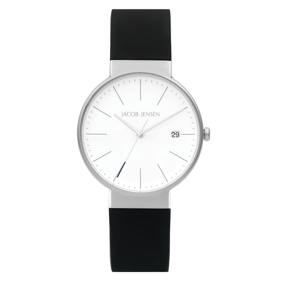Orologio con cassa argentata, quadrante bianco e cinturino in silicone nero.