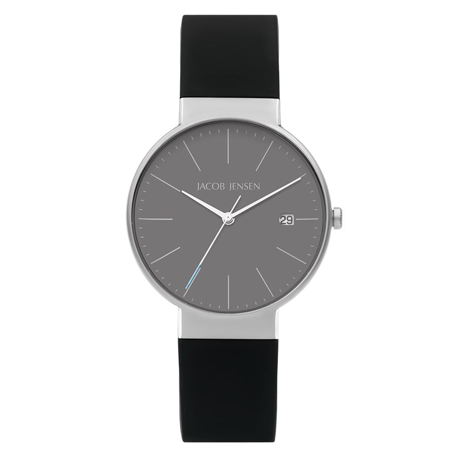 Orologio con cassa argentata, quadrante grigio e cinturino in silicone nero.