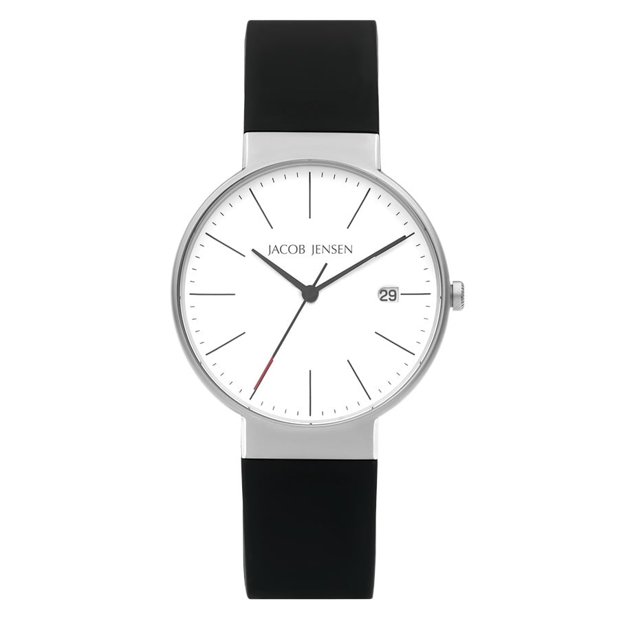 Orologio con cassa argentata, quadrante bianco, cinturino in silicone nero e indicatore della data.