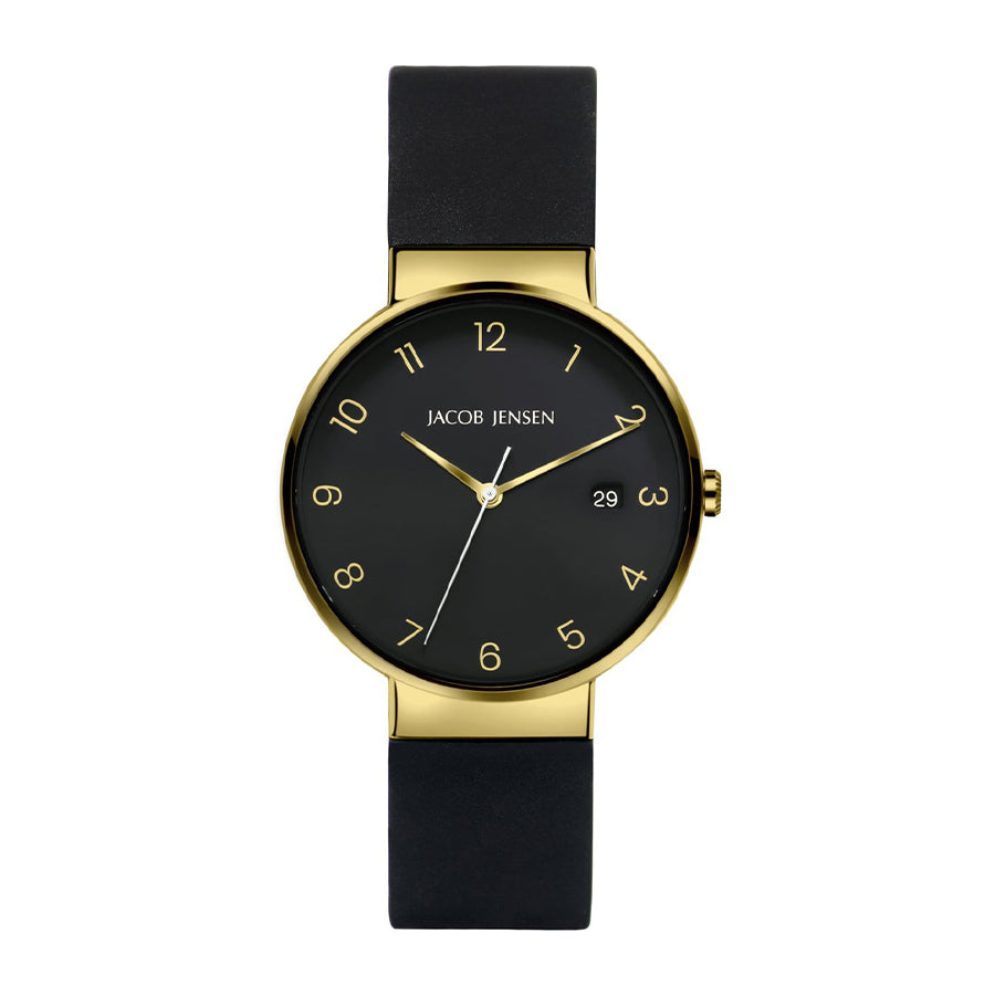 Orologio con cassa dorata, quadrante nero e cinturino in silicone nero.