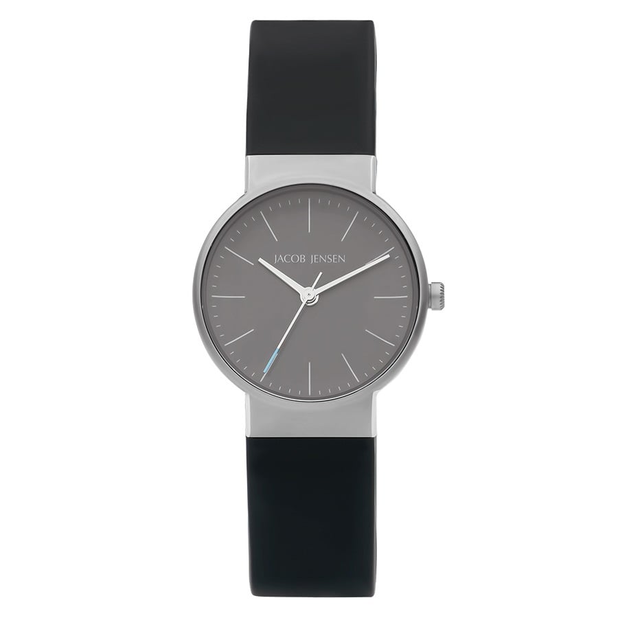 Orologio con quadrante grigio e cassa in acciaio, cinturino in silicone nero.