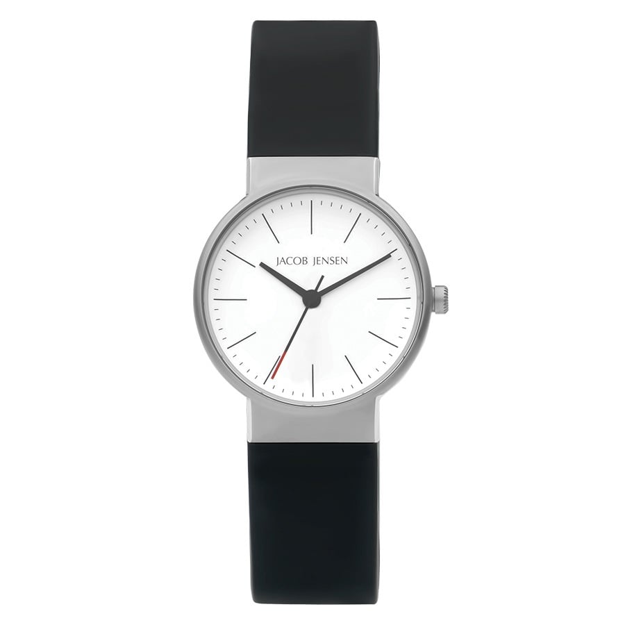 Orologio con cassa argentata, quadrante bianco e cinturino in silicone nero.