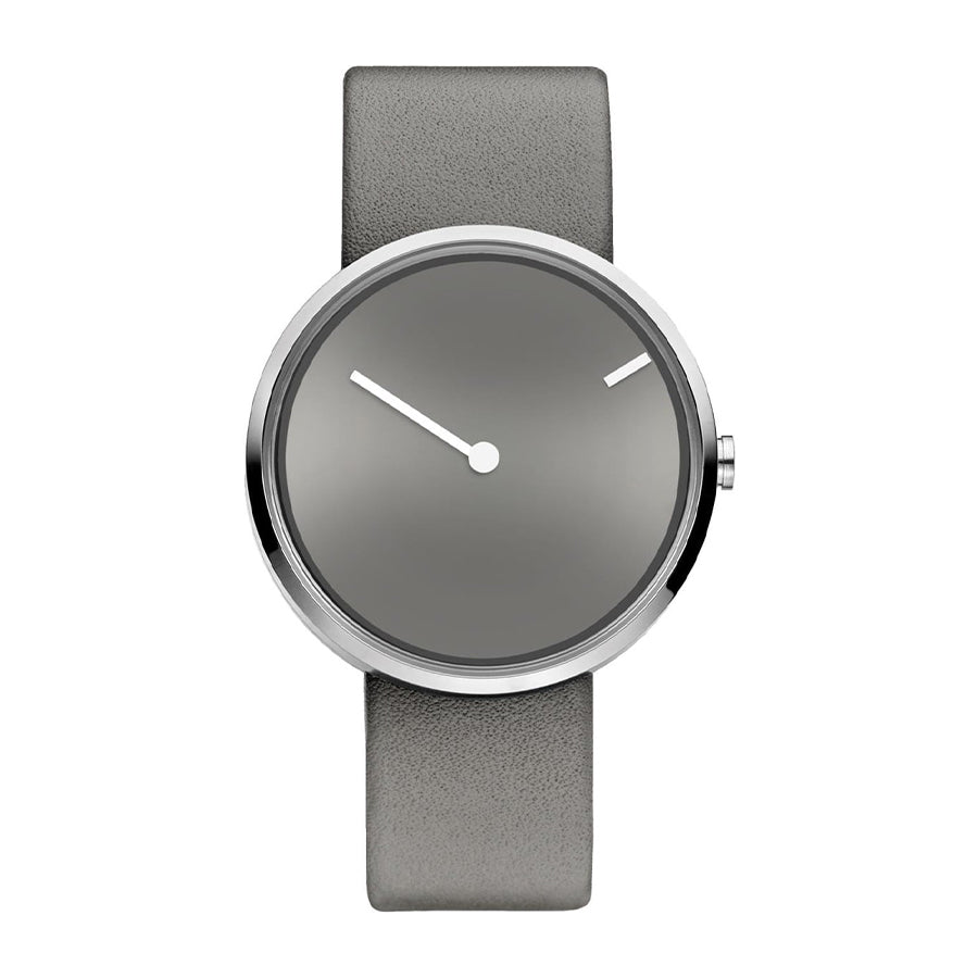 Orologio con quadrante grigio e cinturino in pelle grigia.