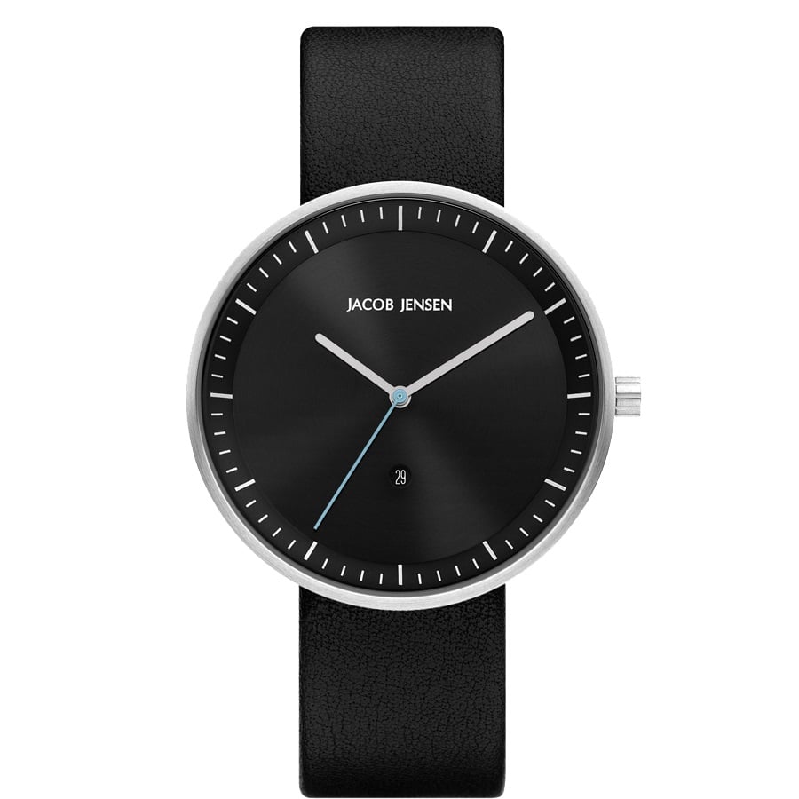 Orologio con quadrante nero, cassa argentata e cinturino in pelle nera.