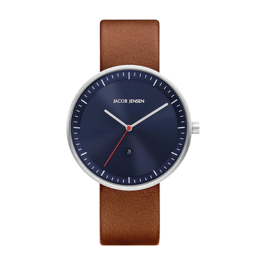 Orologio con quadrante blu, cassa argentata e cinturino in pelle marrone.