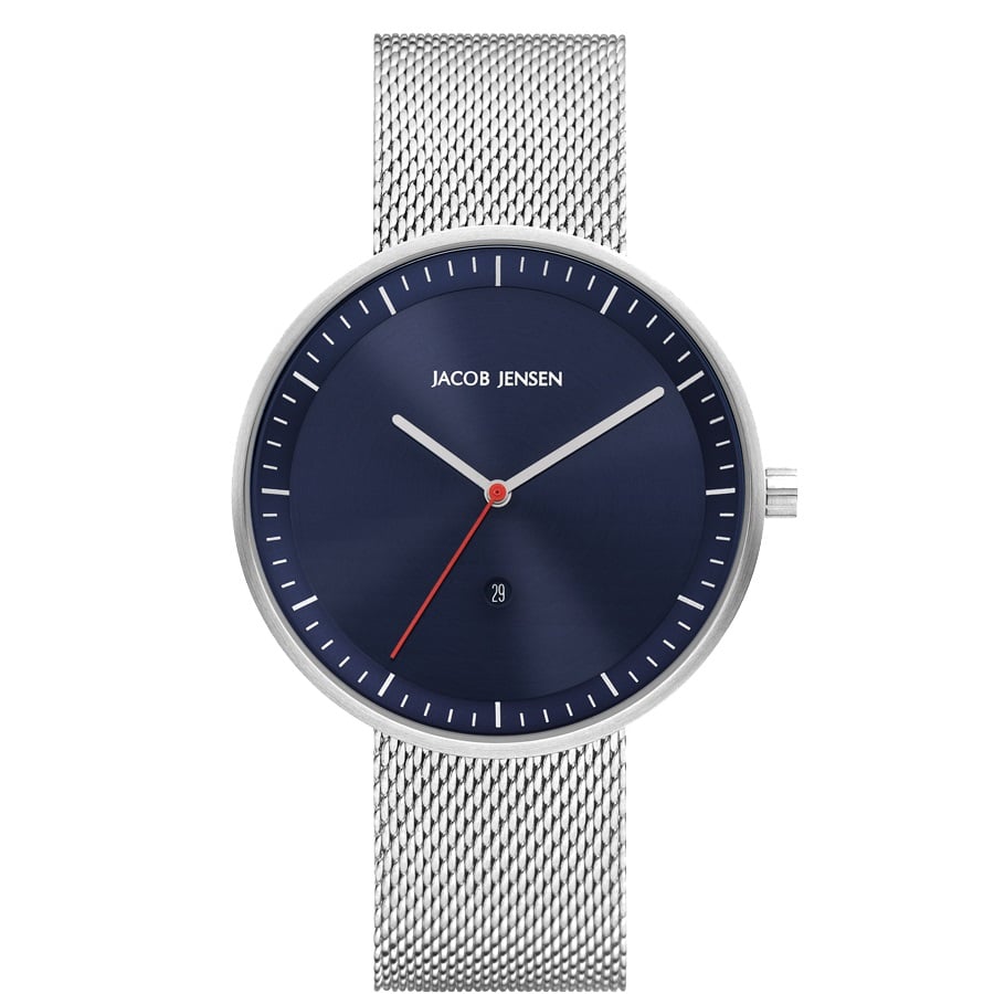 Orologio con quadrante blu, cassa argentata e cinturino in maglia rolò.