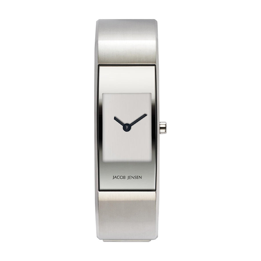 Orologio in acciaio inox con quadrante rettangolare e lancetta nera.