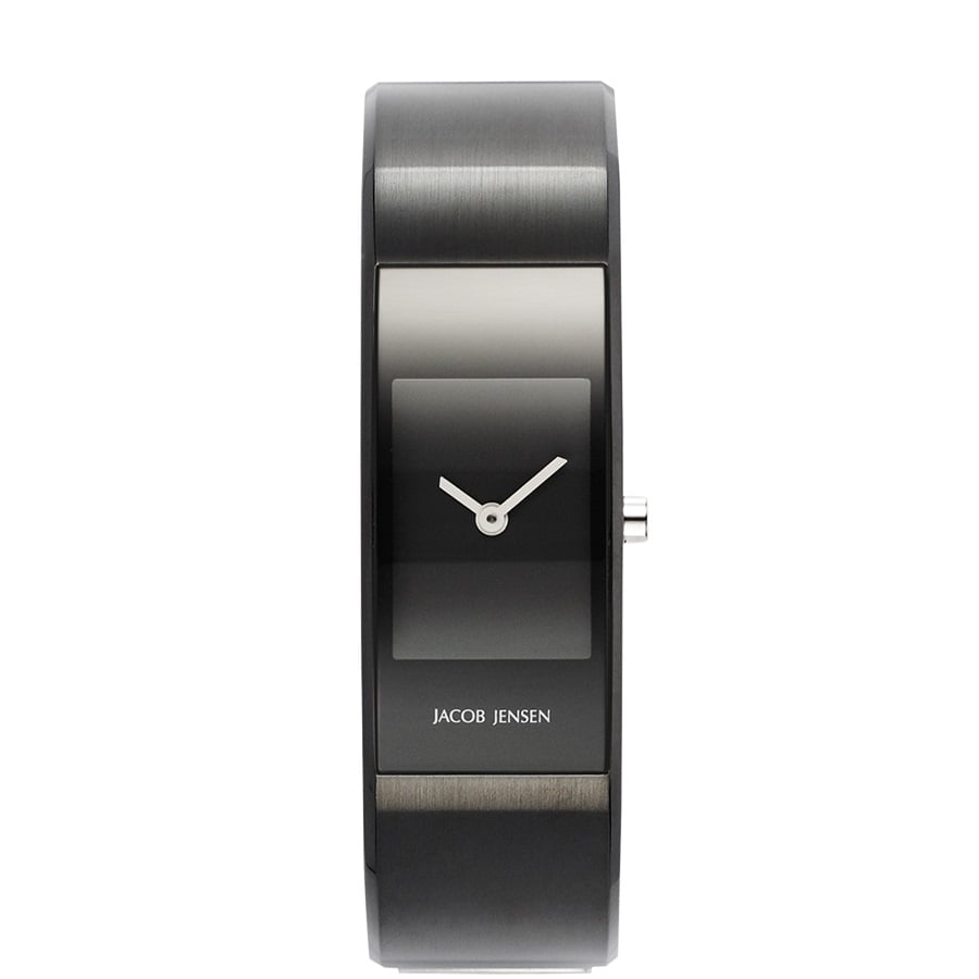 Orologio con cassa nera e quadrante minimalista, cinturino in acciaio inox lucido.