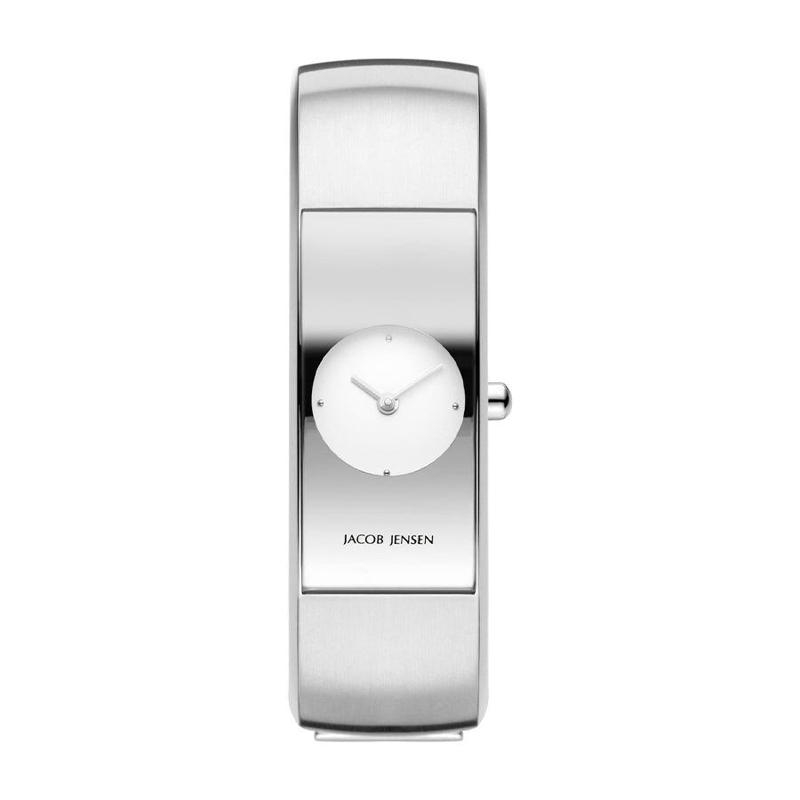 Orologio in acciaio inox con quadrante bianco e cassa rettangolare.