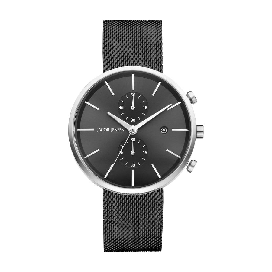 Orologio con cassa in acciaio inox, quadrante nero e cinturino in maglia rolò.