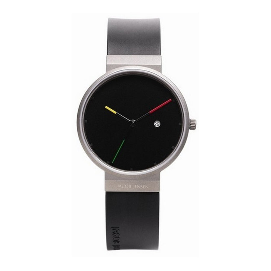 Orologio con quadrante nero, cassa in acciaio e cinturino in silicone nero, lancette colorate.
