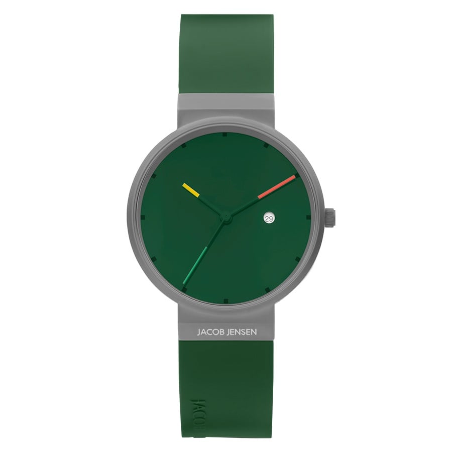 Orologio con quadrante verde, cassa grigia e cinturino in silicone verde.